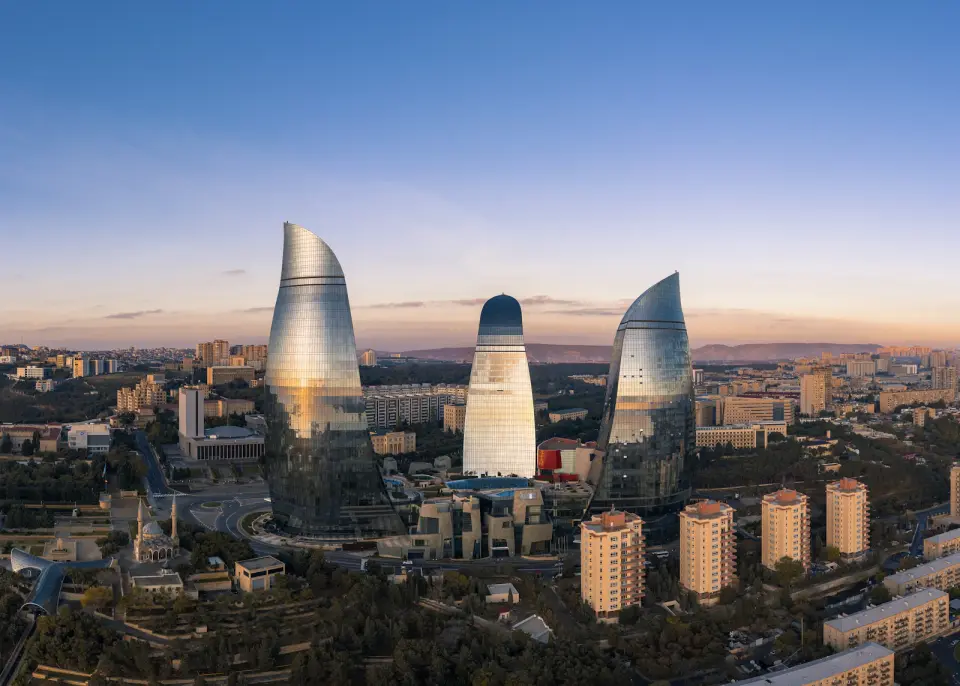 Baku skyline and Flame Towers overlooking the Caspian Sea